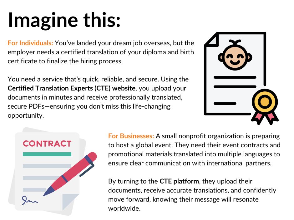 Two graphics, a birth certificate and contract document, for scenario visuals. 